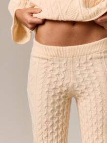AiiRZ Conjunto de suéter y pantalones de punto de cable con cuello alto de cuello de tortuga y pantalones de pierna ancha para invierno - Albaricoque - Ver 4