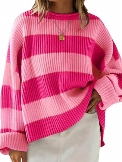 EMERY ROSE Große Größen Lässig Farbblock Gestreifter Pullover, Herbst/Winter