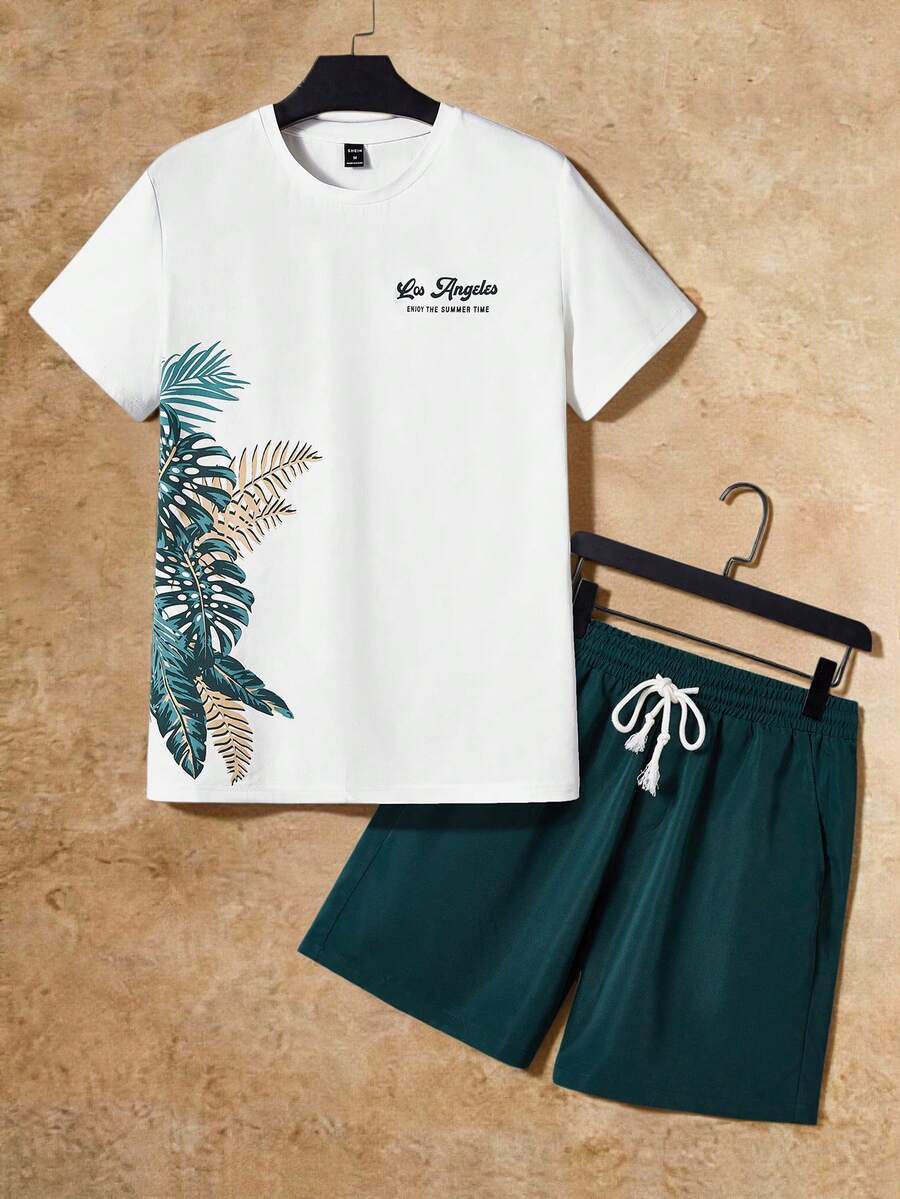 Manfinity NXTstreet 男士标语热带印花T恤搭配抽绳短裤，夏季舒适情侣装。 - 墨綠色 - 查看 1