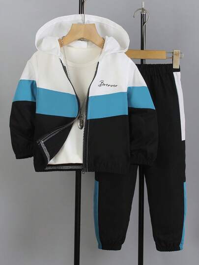 SHEIN 2pcs/Set Boy's Casual Patchwork Zip-Up Hoodie And Pants Suit, Sporty Style For Spring/Autumn