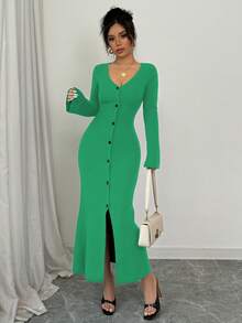 Elenzga Women's Front Button Flare Sleeve Fitted Knit Dress - Green - View 3