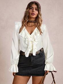 Freevana Blusa de moda con volantes y mangas acampanadas de unicolor para mujer de talla grande - Albaricoque - Ver 4