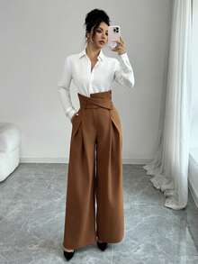 Elenzga 高腰系带褶饰宽松阔腿裤，英伦风 - 棕色 - 查看 4