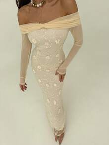 Aloruh Vestido midi de manga larga elegante para mujer con aplicaciones, parche de malla hombros descubiertos