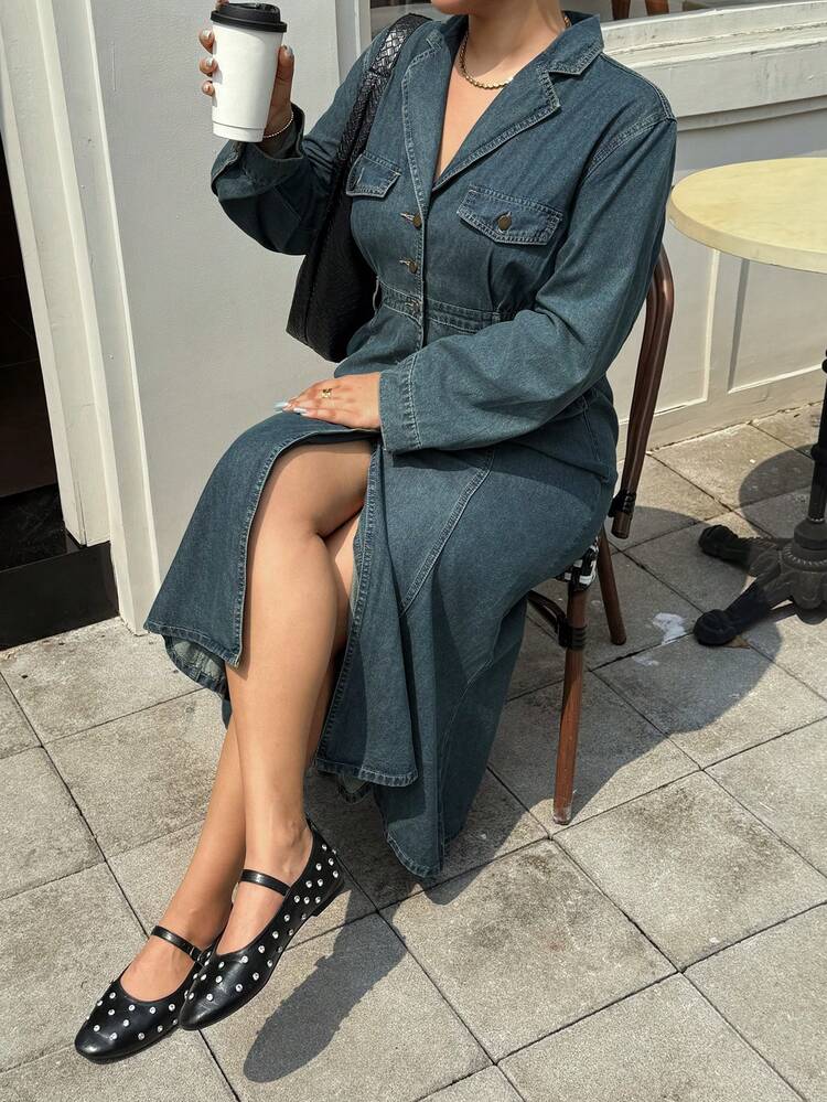 Dazy Plus Plus Size Women's Elegant Denim Dress With Pockets And Waist Cinching, Light Wash Blue, Spring/Autumn Dress