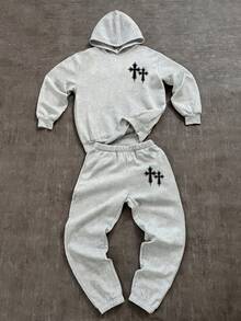 SHEIN Teen Boy Autumn New Arrival Casual Style Graffiti Handpainted Star & Letter Print Sports Streetwear Y2K Long Sleeve Hoodie Set, Suitable For Autumn/Winter Fall