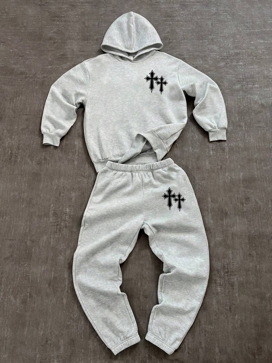 SHEIN Teen Boy Autumn New Arrival Casual Style Graffiti Handpainted Star & Letter Print Sports Streetwear Y2K Long Sleeve Hoodie Set, Suitable For Autumn/Winter Fall