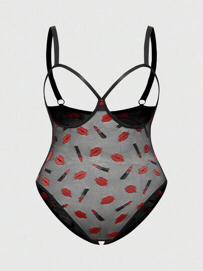 ROMWE Avant Plus Size Sexy Lace Sheer Lip Print Mesh Bodysuit Lingerie