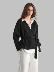 Ontre 女士纯色系带短款双面羊毛50%大衣冬装 - 黑色 - 查看 4