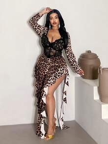 Maweii 女式修身优雅别致连衣裙，有领，蕾丝花边，丝带，豹纹长袖，网眼透视性感，适合秋冬季休闲、约会、度假 - 彩色 - 查看 1