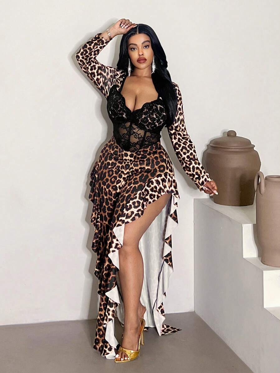 Maweii 女式修身优雅别致连衣裙，有领，蕾丝花边，丝带，豹纹长袖，网眼透视性感，适合秋冬季休闲、约会、度假 - 彩色 - 查看 1