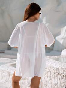 Swim Basics Women's Solid Color Batwing Sleeve Casual Long Kimono Cover Up For Vacation,Summer Beach