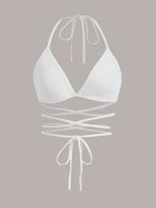 SHEIN ICON Solid Criss Cross Tie Backless Halter Top - White - View 1