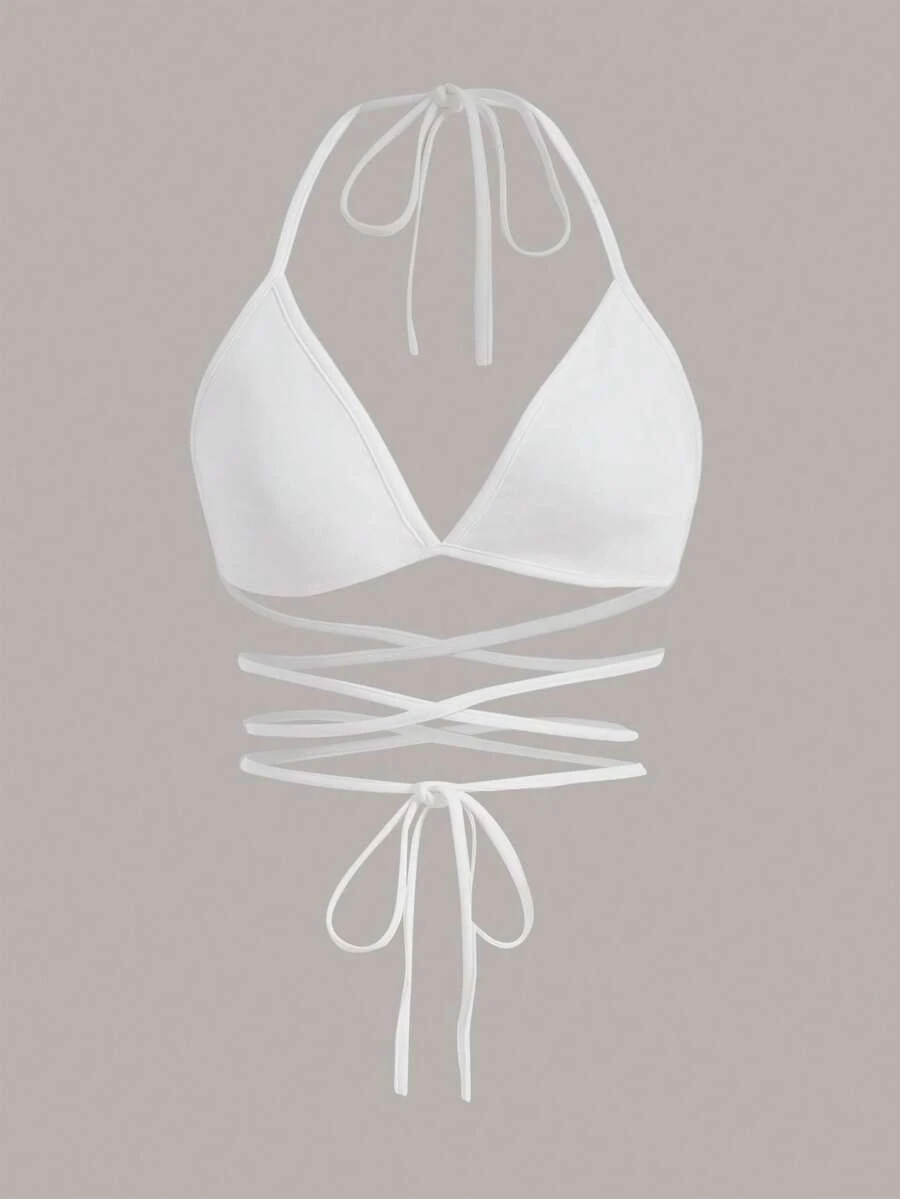 SHEIN ICON Solid Criss Cross Tie Backless Halter Top - White - View 1