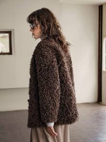 Ontre Women's Coffee Brown Faux Fur Collar Long Sleeve Jacket,Winter Street Style Everyday Front Button Office Wear Old Money Style Vintage High-End Jacket - Coffee Brown - View 10