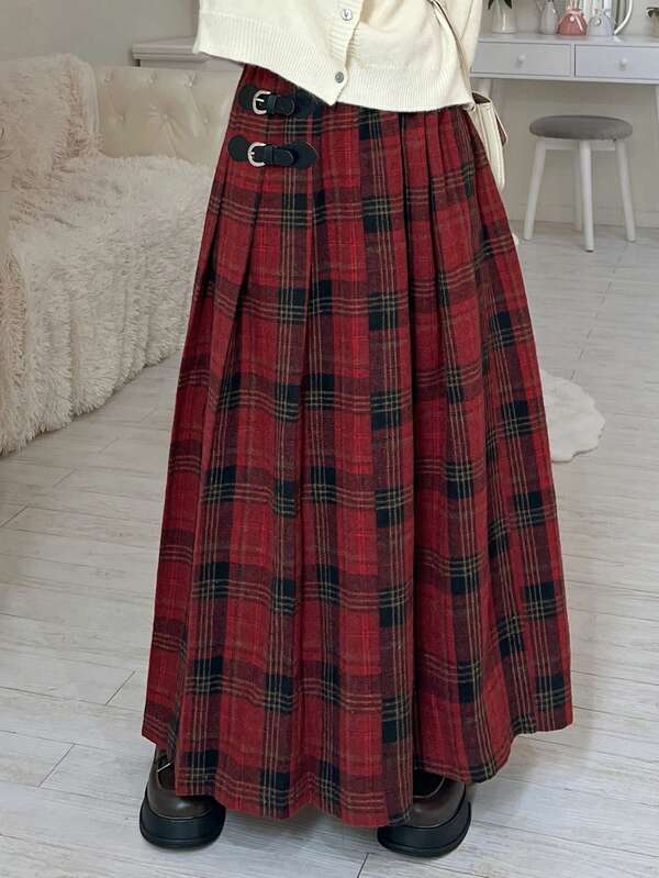 FRIFUL Women's Buckle Design Plaid Pleated A-Line Casual Skirt,New Year,Christmas
