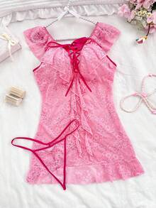 Spicy Aura Plus Size Lace Ruffle Criss-Cross Strap Sexy Lingerie Dress And G-String 2-Piece Set - Pink - View 3