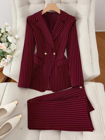 Lumivelle 女士时尚金属纽扣装饰修身西装外套 + 喇叭裤套装