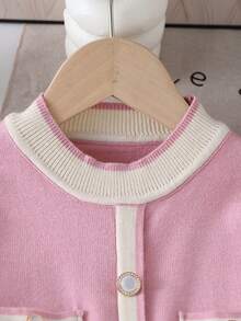 SHEIN Playful Pals Kleine Mädchen Farbblock Rundhals Langarm Plissee Saum Lässig Strickkleid, Herbst/Winter - Pink - Übersicht 3