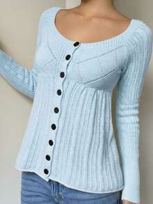 SHEIN EZwear Women's Regular Solid Color Round Neck Front Button Long Sleeve Cardigan In Fall/Winter - Baby Blue - View 4