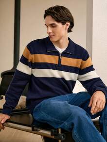 RONVEXI Pull décontracté à rayures color block pour hommes, automne/hiver, Top à manches longues - Multicolore - Voir 3