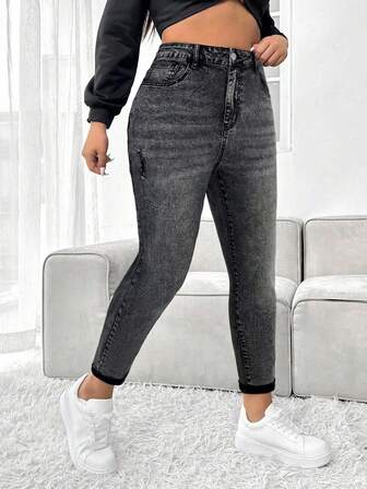 Firerie Plusstorlek Dam Hög Midja Fickor Slitna Skinny Casual Mångsidiga Jeans