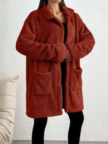 SHEIN Tall Front Pocket And Button Detailed Hooded Very Cozy And Soft Faux Fur Women Coat - Redwood - View 4