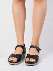 Sandalias de mujer cómodas, cuero sintético, punta redonda, tira de , suela plataforma, estilo casual, para diario y paseo, sandalias de verano - Negro - Ver 3
