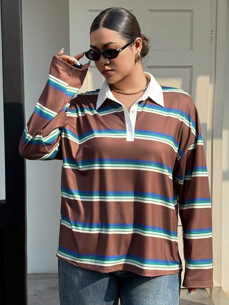 Dazy Plus Loose Street Style Color Block Striped Polo Collar Long Sleeve Plus Size Women T-Shirt, Autumn