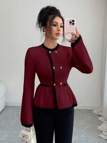Elenzga Women's Elegant Round Neck Front Button Design Contrast Color Sweater - Burgundy - View 4