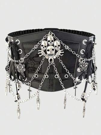 1 Stück Damen Schwarzes Spitzen-Ketten-Schädel-Kreuz-Dekor Elastischer Taillengürtel Gothic Kleid Accessoire für Halloween