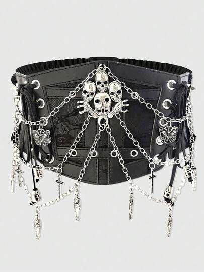 1pc Women Black Lace Chain Skull Cross Tie Decor Elastic Waistband Goth Dress Accessory For Halloween