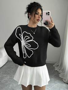 Elenzga Women's Crew Neck Floral Pattern Solid Color Pullover Sweater - Black - View 6