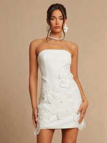 Silquee 女士时尚花卉抹胸连衣裙，适合派对、宴会和日常穿着 - 白色 - 查看 4