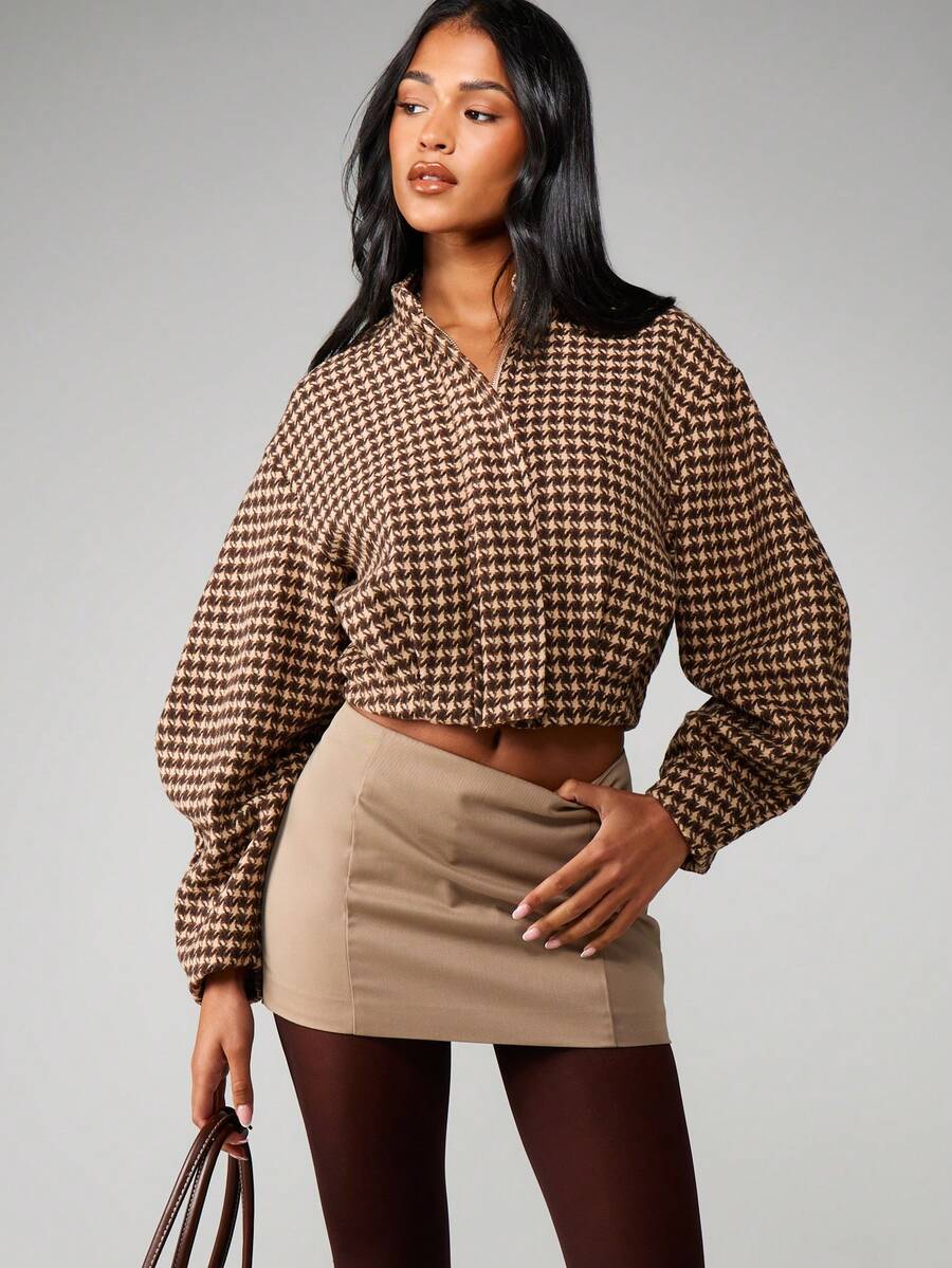 MISSGUIDED Classic Houndstooth Pattern Cropped Jacket Button Front Fall Winter Outerwear - Brown - View 1