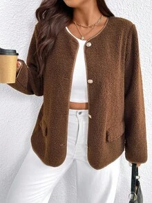 EMERY ROSE Plus Size Women's Casual Brown Versatile Jacket, Button Decor Long Sleeve Fuzzy Coat, Suitable For Daily Outings And Commuting - Coffee Brown - View 6