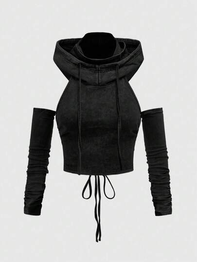 Grunge Punk Punk Apocalyptic Wasteland Style Hooded Backless Drawstring Design Fitted Cropped Off-Shoulder Long Sleeve Top