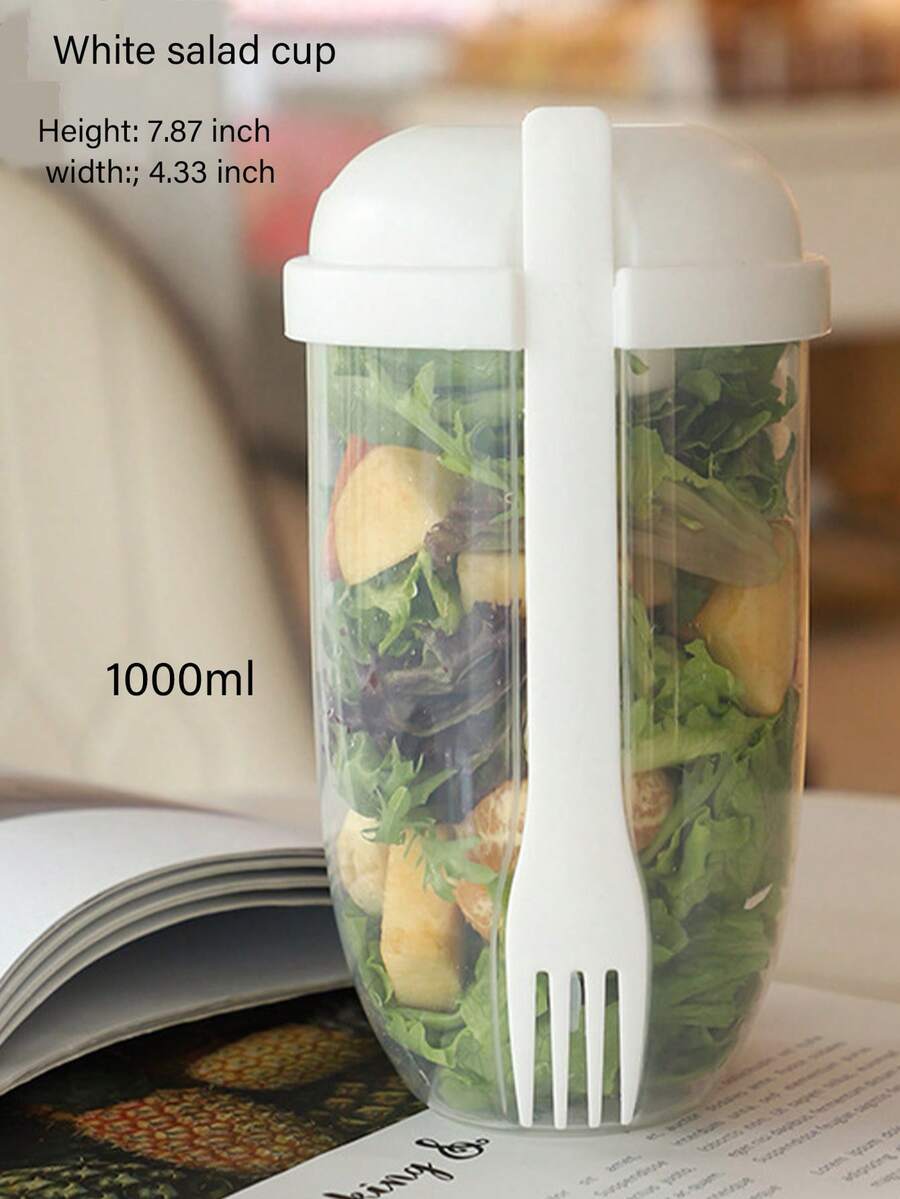 1pc 1000ml Large Capacity Portable Salad Cup With Fork, Dressing Container For Outdoor Eating, Lunch, Office, Student With Weight Loss Functions. - Clear - View 1