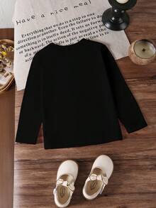 SHEIN Explorewe 女孩休闲可爱卡通韩国流行动漫女孩图案印花黑色圆领长袖 T 恤，适合秋冬季服装 - 黑色 - 查看 2