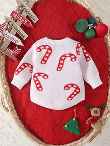 SHEIN Baby Mädchen/Jungen Weihnachts-Strickpullover, Langarm-Bodysuit, bequem für Herbst/Winter, süßes Zuckerstangen-Muster, geeignet für Feiertage, Weihnachten, Reisen, Partys - Verschiedenfarbig - Übersicht 3