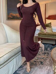 DAZY Set elegant de 2 piese pentru femei, cu tricou și fustă asimetrice cu paiete, toamnă - Violet - Vizualizare 4