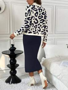 SHEIN LUNE 2pcs Leopard Print Fitted Elegant Knit Sweater Set - Navy Blue - View 2