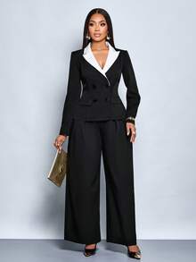 SOLERSUN Traje de dos piezas de chaqueta y pantalones holgados de estilo casual diario para mujer, con contraste elegante y delgado de negro y blanco, de manga larga y doble botonadura, para otoño e invierno