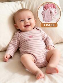 SHEIN 新生儿粉色云朵条纹长袖连体衣，婴儿多件套服装，秋季 - 彩色 - 查看 1