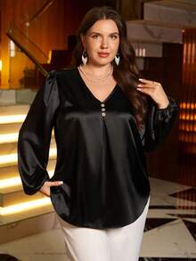 EMERY ROSE Plus Size Women Fall/Winter Elegant Party Casual Solid Color Fall Clothes  V-Neck Lantern Sleeve Loose Long Sleeve Blouse, Plus Size Black Shirt, Women Blouses Elegant, Lantern Sleeve Blouse,Going Out Outfits,2025 New Clothes,Simple And Fashionable For Everyday Wear, Plus Size Winter Clothes, Christmas Outfit For Women ,New Year Clothes,Date Night Outfits Women,Satin Blouses For Women