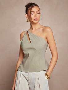 L'Amorae Solid Color Asymmetric Hollow Neck Elegant Sleeveless Top - Army Green - View 4