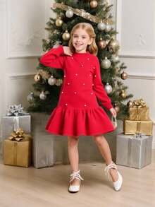SHEIN Girls' Retro Straight Pearl Elegant Knit Dress, Red Round Neck Beaded Sweater Dress Suitable For Home, Outings, Parties, Back To School Autumn And Winter Young Girls Dressse Girls  Autumn French Style Dress - Red - View 1