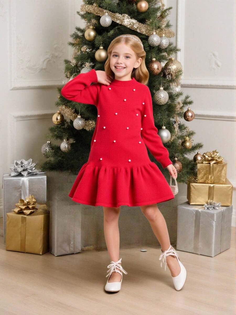 SHEIN Girls' Retro Straight Pearl Elegant Knit Dress, Red Round Neck Beaded Sweater Dress Suitable For Home, Outings, Parties, Back To School Autumn And Winter Young Girls Dressse Girls  Autumn French Style Dress - Red - View 1