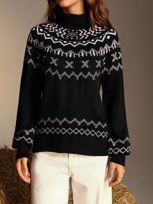 Chiquease Stylish Black High Neck Long Sleeve Knit Sweater - Black - View 5