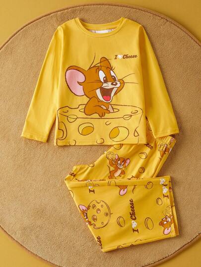 TOM & JERRY X SHEIN Young Girls Cartoon Cute Jerry Mouse & Cheese Print Knitted Crew Neck Long Sleeve Top & Pants Pajama Set, Autumn/Winter Yellow Pajama Set Cartoon Pajamas